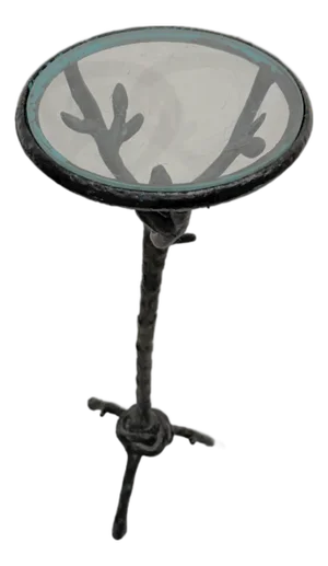 Organic Modern Sculptural Cast Iron Faux Bois Pedestal Side Table With Glass Top, Giacometti Sty