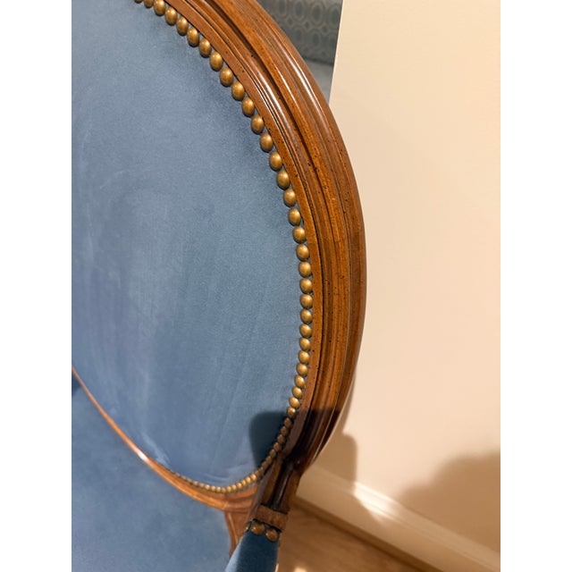 French Pair of Ultra Suede Blue Louis Style Armchairs For Sale - Image 3 of 9