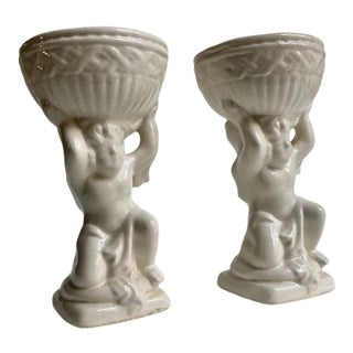 Mid 20th Century Cream Ceramic Cherub Vases Candle Holders - A Pair For Sale