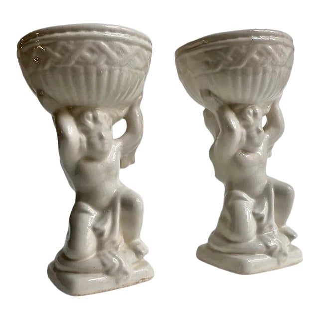 Mid 20th Century Cream Ceramic Cherub Vases Candle Holders - A Pair For Sale