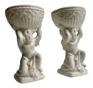 Vintage Mid 20th Century Cream Ceramic Cherub Vases Candle Holders - a Pair