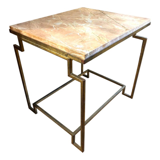 Custom Designed Art Deco Style Gold Gilt Metal Fossilized Limestone Side Table For Sale