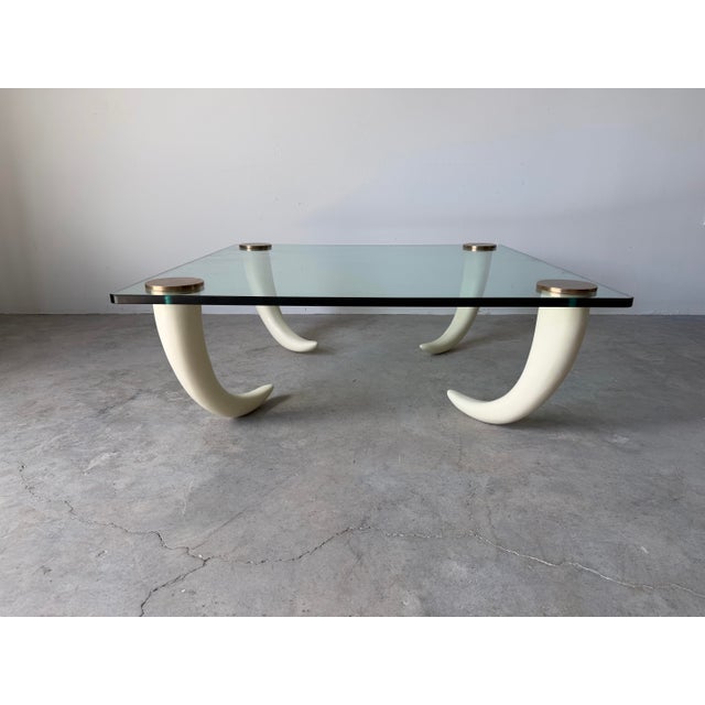 Metal Vintage Faux Elephant Tusk & Brass Cup Glass Coffee Table For Sale - Image 7 of 12