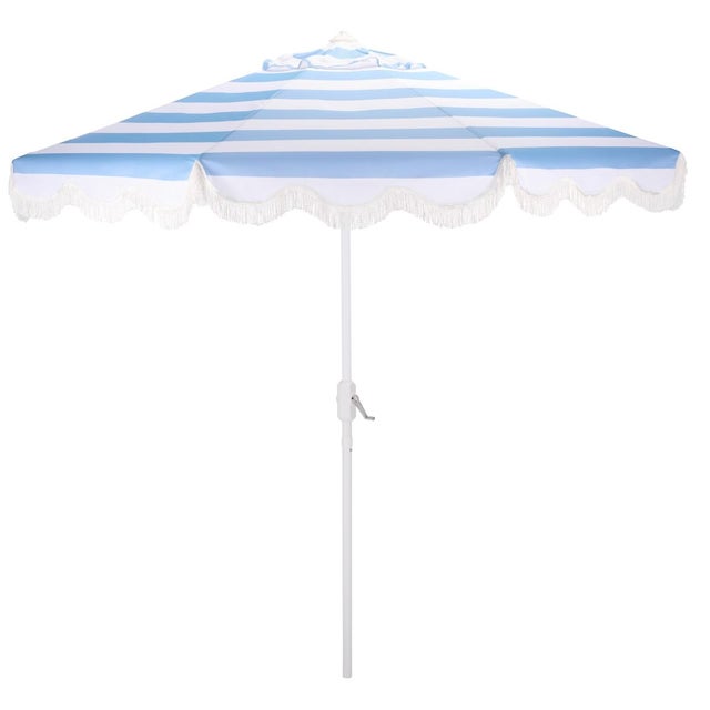 Lucerna 9 Ft Crank Umbrella, Baby Blue Stripe/White Pole For Sale - Image 9 of 9