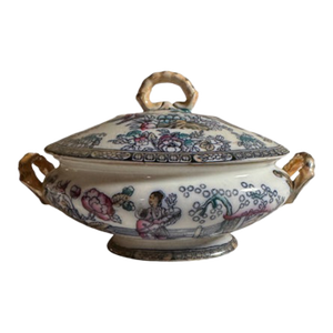 Antique Attributed to Hammersley Chinoiserie "The Tea" Covered Small Tureen With Base