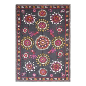 Vintage Black Hand-Embroidered Uzbek Suzani Tapestry Textile