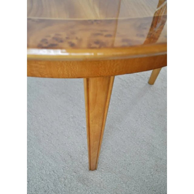 Danish round golden elm, walnut burl and birch end or side table. Beautifully detailed border on the top in walnut burl...