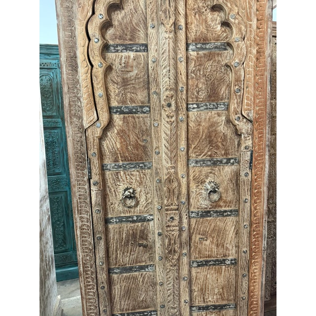 Wood Vintage Arched Door Armoire – Limewashed Farmhouse Cabinet With Rustic European Charm For Sale - Image 7 of 8