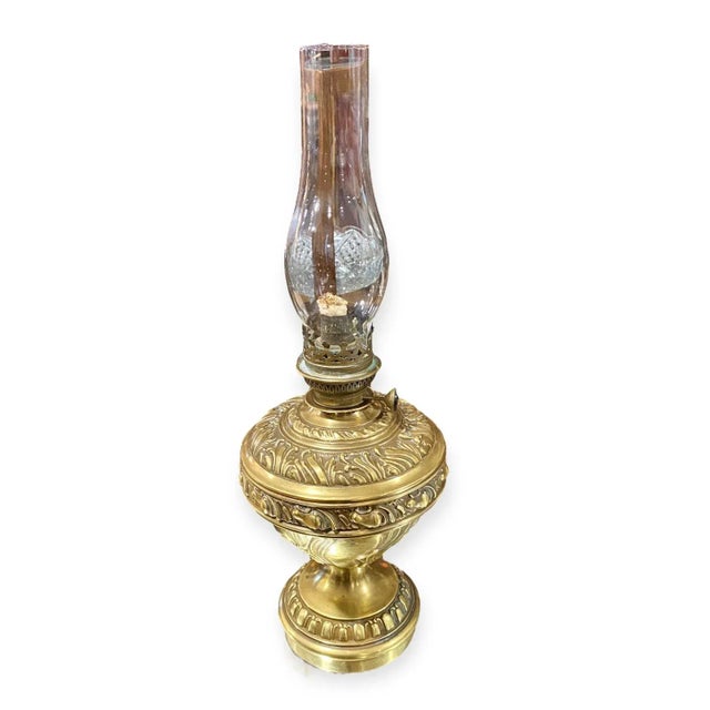 Antique German Chased Gilt Brass Oil Lamp For Sale - Image 6 of 8