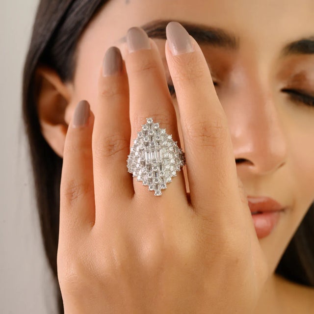 Art Deco Marquise Cubic Zircon Cluster Ring in 925 Sterling Silver- Size 6 For Sale - Image 4 of 10