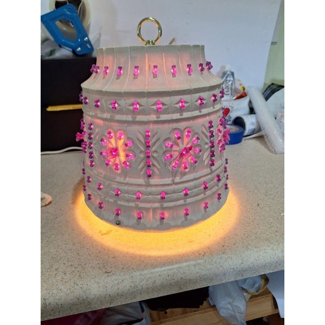 Vintage Lawnware hanging swag lamp with purple glass beads and bird accents. Tested and working — glows a beautiful hot...