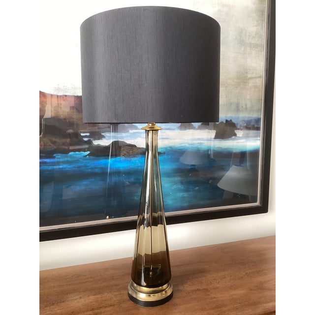 1950s 1950s Tall Smoky Amber Glass Table Lamp With Brass Base & Black Shade – Newly Rewired For Sale - Image 5 of 5