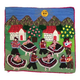Vintage Folk Art Arpillera Textile Depicting Fiesta Dancing For Sale