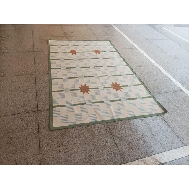 Textile Handmade Cotton Vegetable Dyed Area Rug, Cream, Sky Blue, Sage Green Star Dash Dhurrie-9x12 For Sale - Image 7 of 12