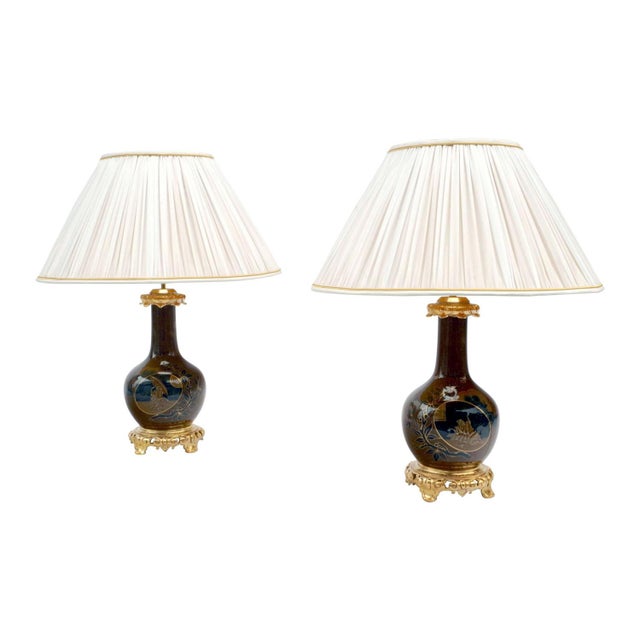 Antique Japanese Style Brown & Blue Porcelain Lamps, Set of 2 For Sale - Image 6 of 7