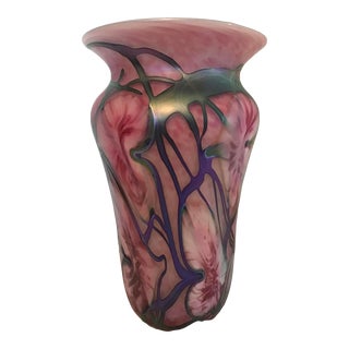 Signed John Lotton 1994 Floral Design Vase in Rich Pink and Green For Sale