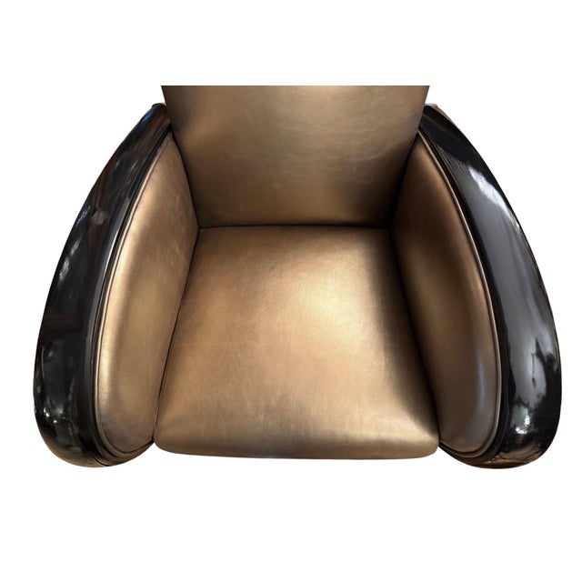 Wood 1930s Pair of French Art Deco Gold and Black Leather Club Chairs For Sale - Image 7 of 9