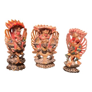 1940s Carved Painted and Gilded Distress Finish Three Temple Carvings- Set of 3 For Sale