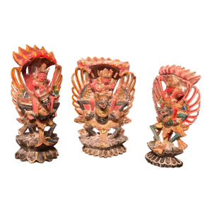 1940s Carved Painted and Gilded Distress Finish Three Temple Carvings- Set of 3