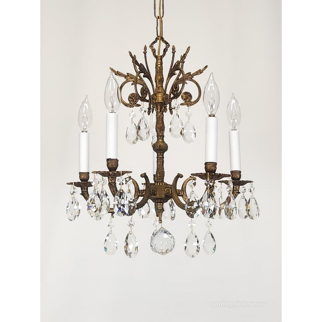 Antique 5 Light Adorable Dainty Petite Brass Cut Lead Glass Crystal Chandelier For Sale - Image 11 of 12