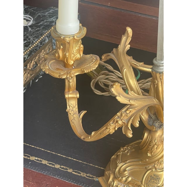 Metal Pair Bouillotte Lamps, Red Tole Shades, French (1852-1870) For Sale - Image 7 of 18