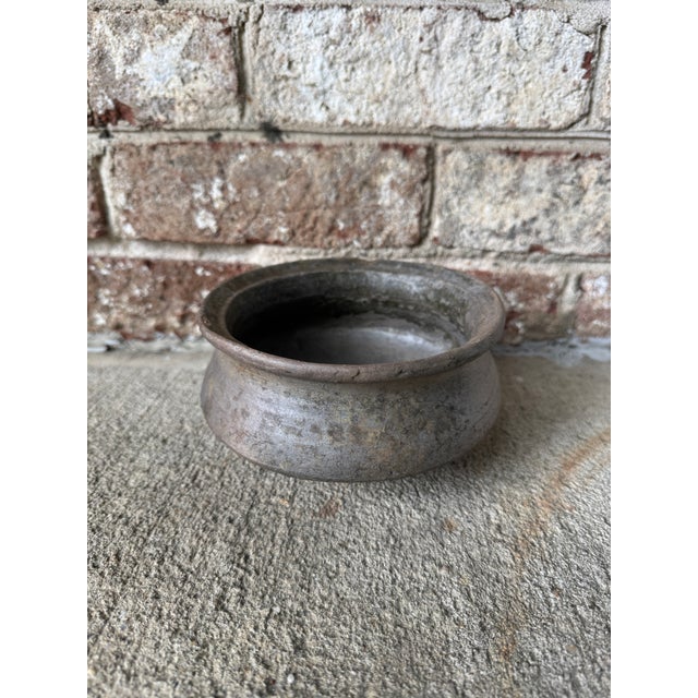 Vintage blue gray Indian ceramic pot. This piece is mounted on a custom metal ring so that the pot does not tip or tilt....
