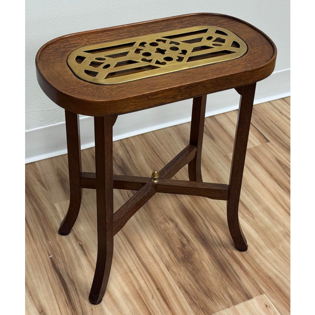 Late 20th Century Vintage Wood With Brass Insert Side Table Candle Stand Kettle Table For Sale - Image 5 of 10