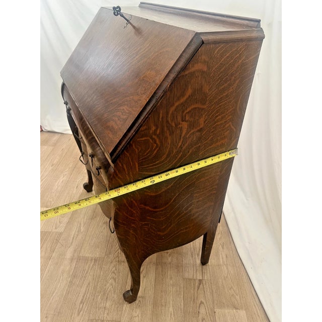 Antique English Secretary Desk, Locking Door, Three Bottom Drawers Tiger Oak For Sale - Image 11 of 13