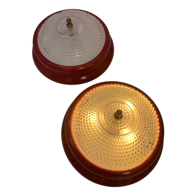 Red Ceiling Lamps in Glass and Metal, Italy, 1960s, Set of 2 For Sale