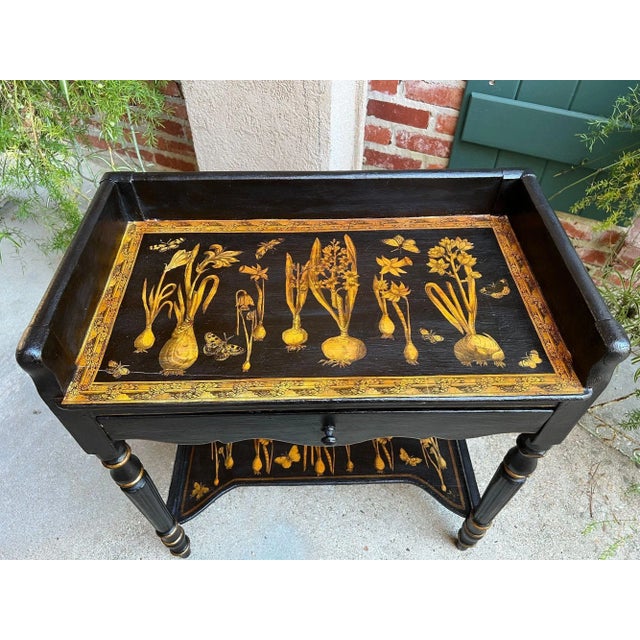 Late 19th Century Antique English Sofa Side Table Decoupage Botanical Floral Black Gold C1890 For Sale - Image 5 of 18