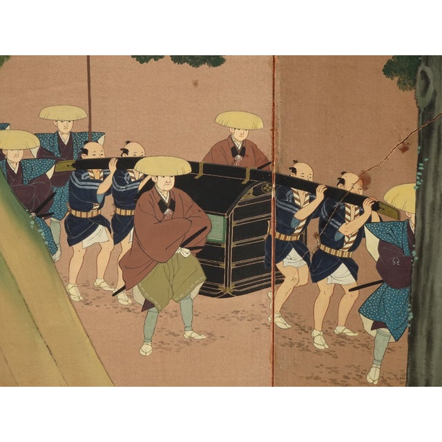 Vintage Japanese Byobu Four Panel Folding Screen Picture Caravan of Men Signed For Sale - Image 11 of 18