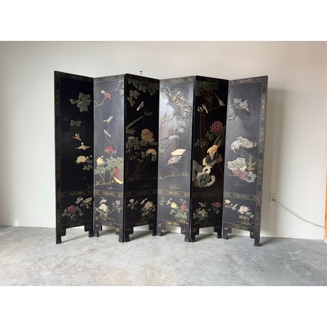Chinoiserie Vintage Asian Hand-Carved Soapstone Six-Panel Folding Screen With Birds, Flowers & Foliage For Sale - Image 3 of 12
