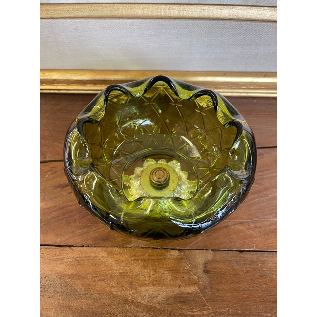 Vintage Green Pressed Glass Bowl With Scalloped Rim and Silver-Toned Floral Base. For Sale - Image 10 of 10