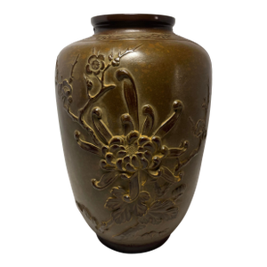 Meiji 19th Century Japanese Bronze Cast Vase, Floral & Bird Relief Design