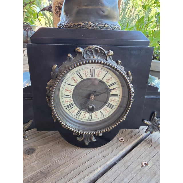 1920s Fine French Art Deco Timepiece: 13lb Patinated Bronze Vanity Sculpture Signed Cuaut on Multi-Tier Black Marble Plinth (Circa 1930) For Sale - Image 5 of 10