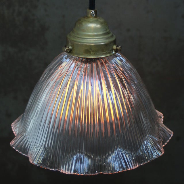 1950s Vintage French Holophane Clear Pressed Glass Pendant Light For Sale - Image 5 of 7