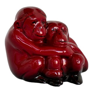 Flambe Monkeys by Royal Doulton Deep Red Cuddling Mother and Baby Red Glazed Figurine, Signed Noke For Sale