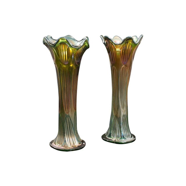 Circa 1930 Vintage English Carnival Glass Decorative Flower Vases - A Pair For Sale - Image 13 of 13