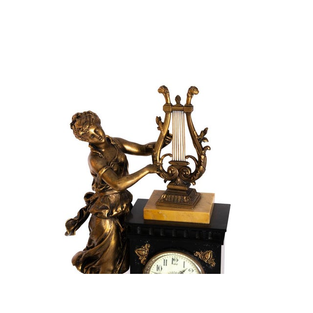 Lady Playing Harp Pendulum Mantel Clock on Marble Base, 1900s For Sale - Image 6 of 10