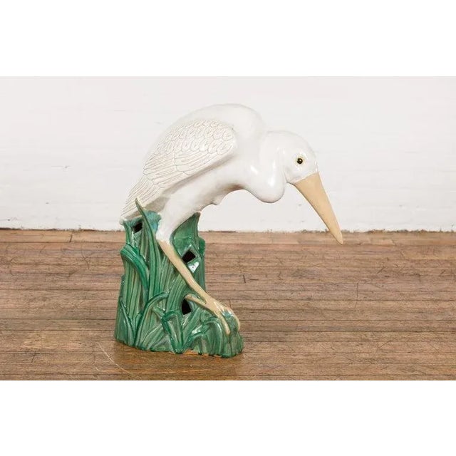 Mid-Century Modern Vintage Lifesize Chinese White & Cream Glazed Ceramic Heron Bird Sculpture For Sale - Image 3 of 13