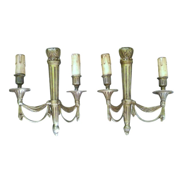 19thc French Empire Bronze Draped Swag Wall Sconces Attrib. Maison Bagues - a Pair For Sale