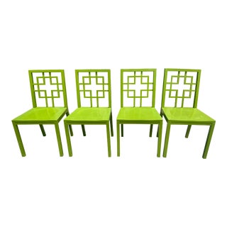Set of 4 Hollywood Regency Chartreuse Green Chinoiserie Dining Chairs For Sale
