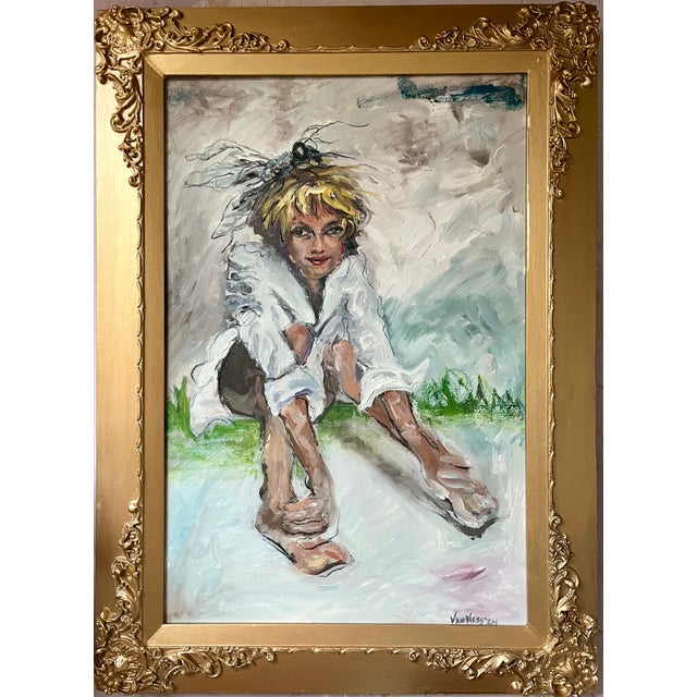 UnAware", Oil Painting, Framed Portrait, by Van Ness 27"x37", vintage gold frame. Painted on canvas. Van Ness Artist...