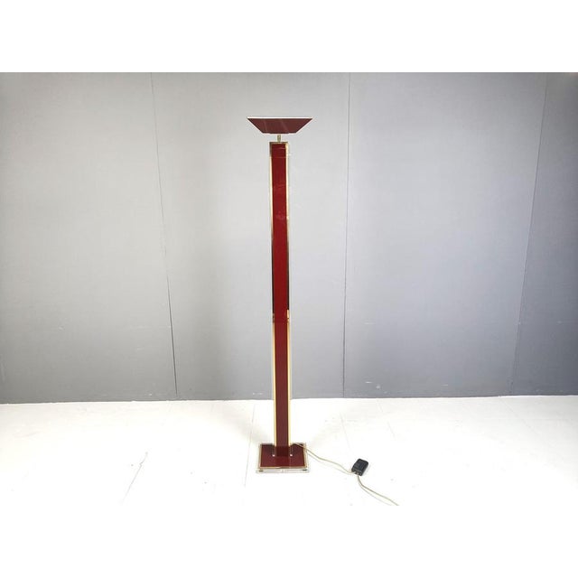 Hollywood regency acrylic glass and brass uplighter floor lamp. Beautiful vibrant red/bordeaux lacquer Beautiful, timeless...
