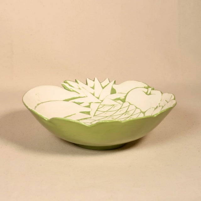 Mint 1981 Vintage Green & White Ceramic Fruit-Relief Serving Bowl With Scalloped Rim For Sale - Image 8 of 12