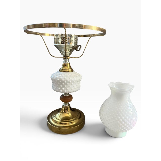 Vintage Hobnail Milk Glass & Brass Hurricane Table Lamp With Turned Wood Accent For Sale - Image 9 of 10