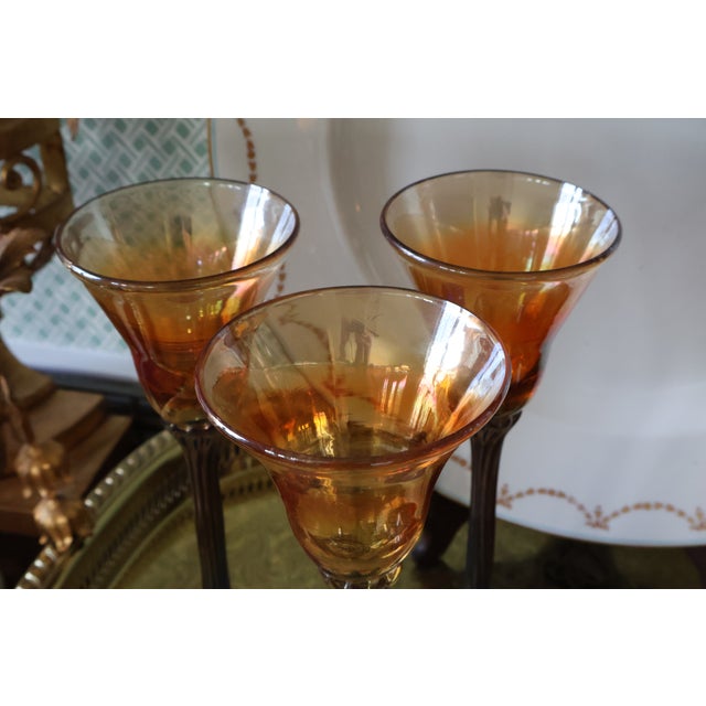 Late 20th Century Rick Strini Signed Iridescent Amber & Cobalt Tulip Art Glass Goblets, Set of 3 For Sale - Image 10 of 18