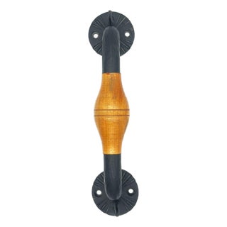 Hand-Forged Wrought Iron Door Pull Handle (Wood Grip) Rustic Farmhouse Entry Hardware For Sale