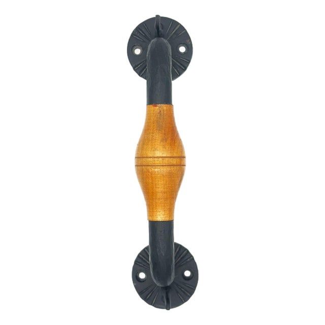 Hand-Forged Wrought Iron Door Pull Handle (Wood Grip) Rustic Farmhouse Entry Hardware For Sale
