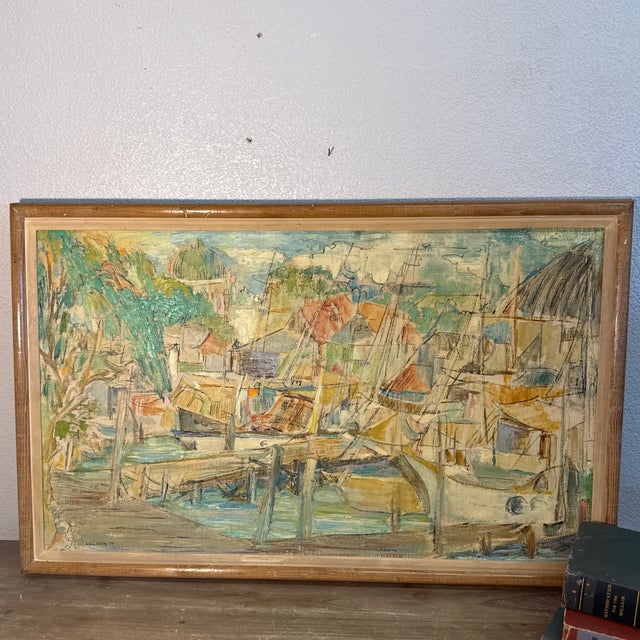 Vintage Boat Harbor Marina Painting Helen Silesky 1959 For Sale - Image 11 of 12